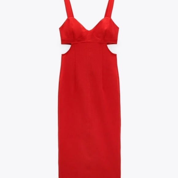 ZARA Blogger Favorite Red Cutout Strappy Bodycon Midi Dress XS NWT Valentines - Picture 13 of 16